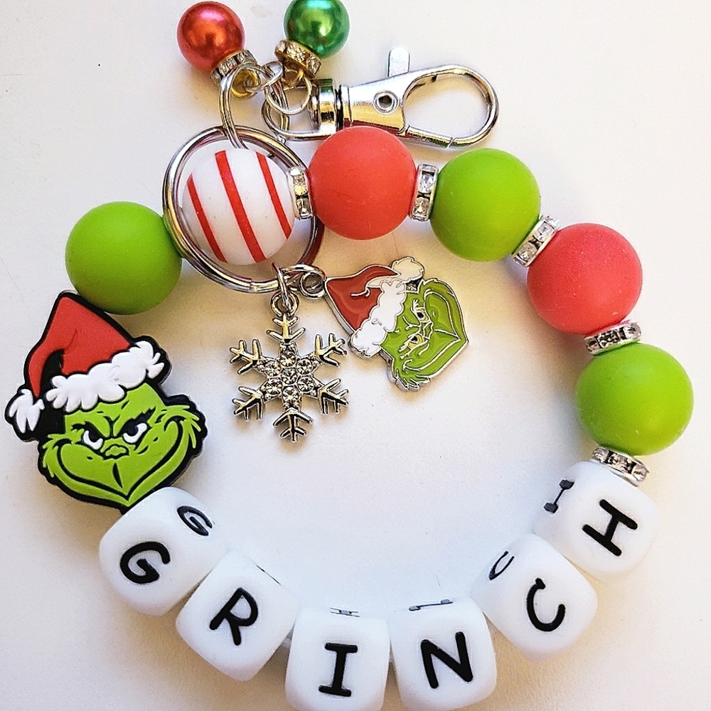 Handmade Glow Holiday Grinch Silicone Focal Bead Wristlet Keychain Bracelet